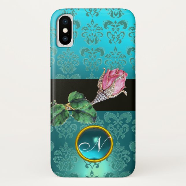 COQUES Case-Mate iPhone ROSEBUD ROSE ROSE, BLEU TURQUOISE DAMASK GEM MONOG (Dos)