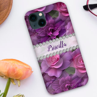 Case-Mate iPhone Case Roses 3D violets et roses, cadre diamant personnal