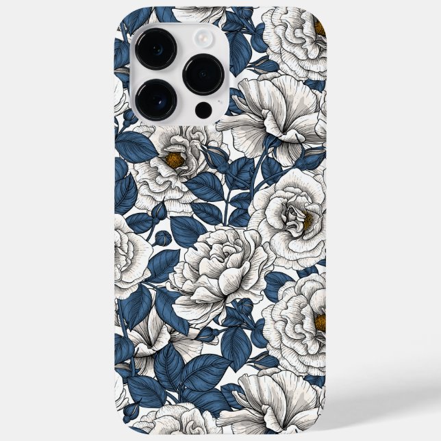 Coques Case-Mate iPhone Roses blanches avec feuilles bleus sur blanc (Verso)