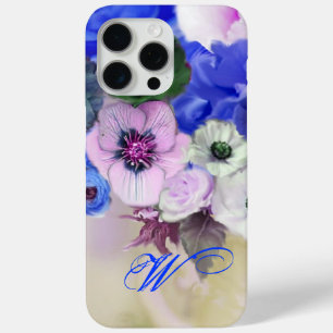 COQUE iPhone 15 PRO MAX ROSES BLANCHES BLEUES ET MONOGRAMME DES FLEURS D'A