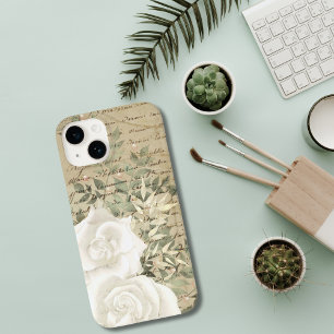 Coque Pour iPhone 15 Roses blanches de feuillage botanique vintage écri