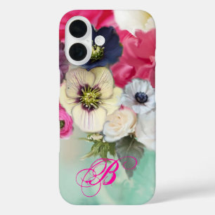 COQUES iPhone 16  ROSES BLANCHES ET FLEURS D'ANÉMONE MONOGRAMME