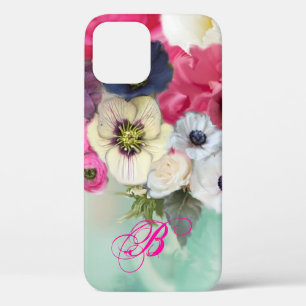 COQUE iPhone 12 ROSES BLANCHES ET FLEURS D'ANÉMONE MONOGRAMME