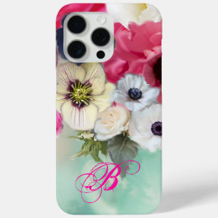 COQUE iPhone 15 PRO MAX ROSES BLANCHES ET ROSES ET FLEURS D'ANÉMONE MONOGR
