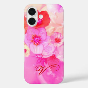 COQUES iPhone 16  ROSES BLANCHES ROUGES ET ANÉMONES PINK MONOGRAMME