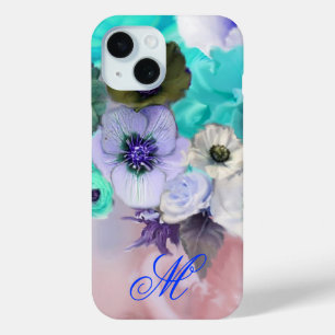 COQUE POUR iPhone 15 ROSES BLEU TURQUOISE ET FLEURS D'ANÉMONE BLANCHES 
