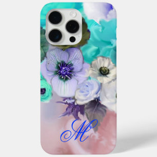 COQUE iPhone 15 PRO MAX ROSES BLEU TURQUOISE ET FLEURS D'ANÉMONE BLANCHES 