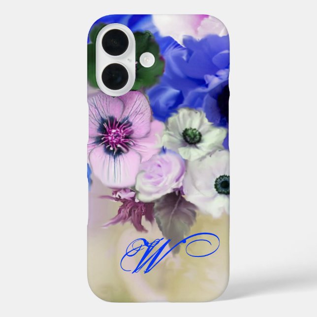 COQUES Case-Mate iPhone ROSES BLEUES BLANCHES ET FLEURS D'ANÉMONE MONOGRAM (Verso)