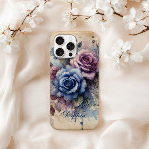 Coques iPhone 16 Pro Max Roses bleues et roses personnalisées shabby chic 
