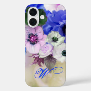 COQUES iPhone 16  ROSES BLEUS BLANC ET FLEURS D'ANÉMONE MONOGRAMME