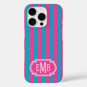 Coques iPhone 16 Pro Roses Chauds et Rayures Monogrammées Turquoise