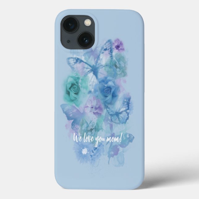 Coques Case-Mate iPhone Roses d'aquarelle bleu et papillons (Verso)