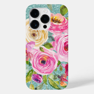 Coque Pour iPhone 14 Pro Roses d'aquarelle en Parties scintillant Aqua Crèm