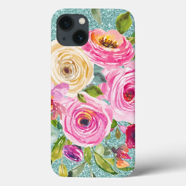 Coques Case-Mate iPhone Roses d'aquarelle en Parties scintillant Aqua Crèm (Verso)