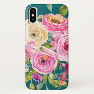 Case-Mate iPhone Case Roses d'aquarelle en rose et crème sur Turquoise