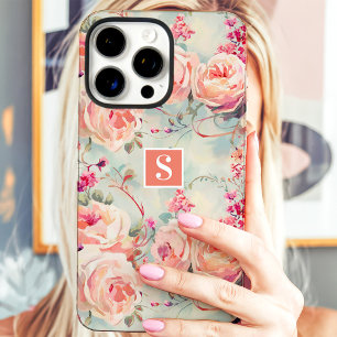 Coques iPhone 16 Pro Max Roses de Pêches Tendances Monogramme Floral