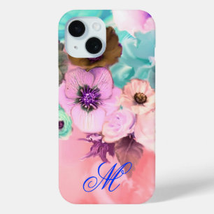 COQUE POUR iPhone 15 ROSES ET FLEURS ANÉMONE TEAL PINK MONOGRAMME