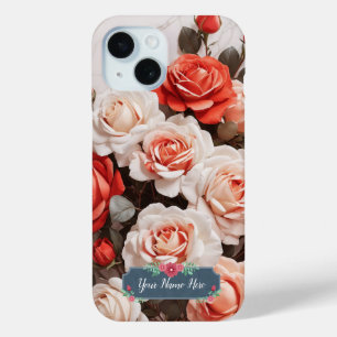 Coque Pour iPhone 15 Roses Fleurs Roses Rouges sur Marbre Blanc