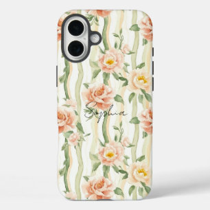 Coques iPhone 16 Plus Roses Menthe Pêche Rayures Florales