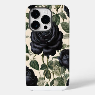 Coque Pour iPhone 14 Pro Roses Noirs Et Feuilles Verts,