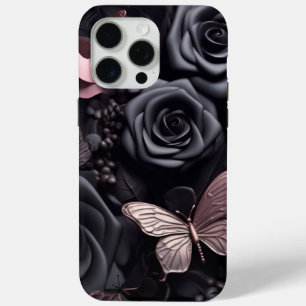 Coque iPhone 15 Pro Max roses noirs et papillon 3D