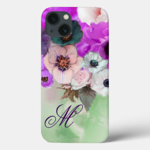 iPhone 13 Case Roses ROSE, MONOGRAMME DES FLEURS D'ANÉMONE BLANC