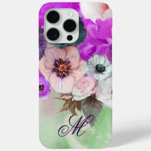 COQUE iPhone 15 PRO MAX ROSES ROSE POUR ET BLANC ANEMONE FLEURS MONOGRAMME