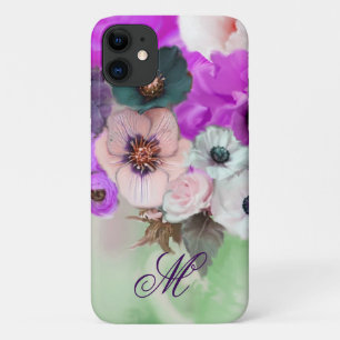 COQUES POUR iPhone ROSES ROSE POURPRE  ANÉMONES BLANCHES MONOGRAMME