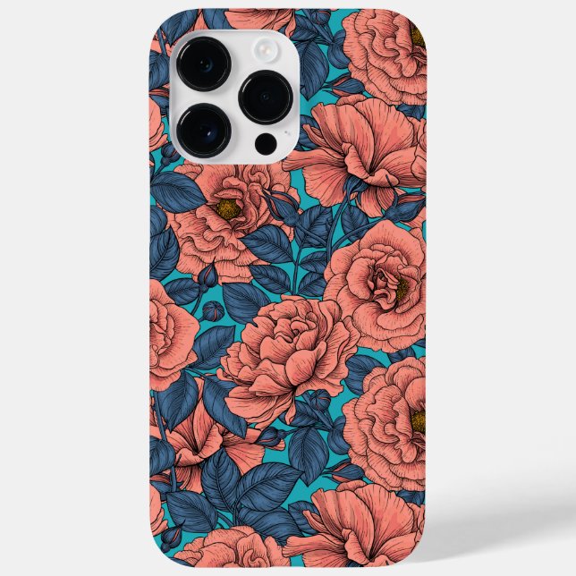 Coques Case-Mate iPhone Roses roses avec feuilles bleus sur bleu (Verso)