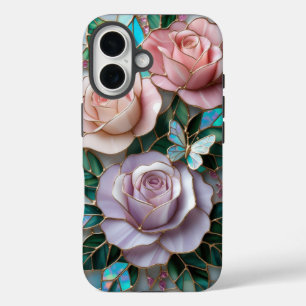 Coques iPhone 16 Roses roses blanches élégantes en verre verni