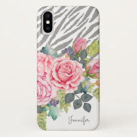 Roses roses chics d'impression gris Girly de zèbre