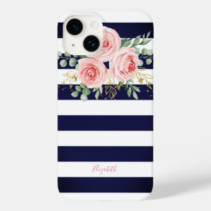 Coque Pour iPhone 14 Roses roses roses roses bleues rayées