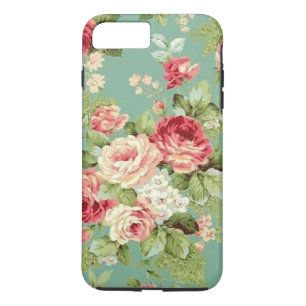 Coque iPhone 8 Plus/7 Plus Roses roses vintages sur le papier peint vert