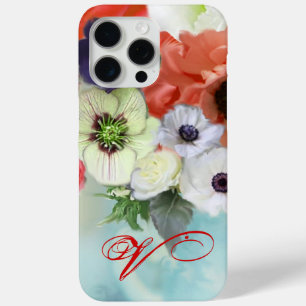COQUE iPhone 15 PRO MAX ROSES ROUGES BLANCHES ET ANÉMONES MONOGRAMME