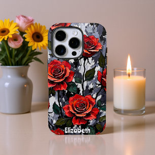 Coques iPhone 16 Pro Roses rouges en gras sur Arrière - plan gris