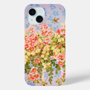 Coque Pour iPhone 15 Roses SAUVAGES, FEUILLES VERTS, OISEAU VOLANT DANS