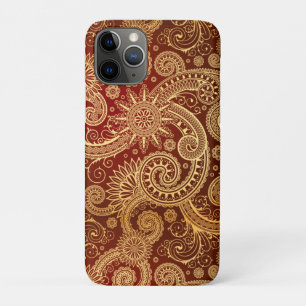 Coque iPhone 11 Pro Rouge abstrait et motif floral d'or