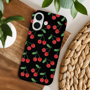 Coques iPhone 16 Rouge Aquarelle Cerisier Motif Noir