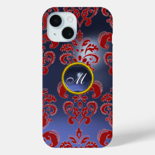 Coque Pour iPhone 15 ROUGE BLEU DAMASK GEMSTONE MONOGRAM Floral