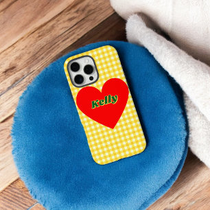 Coques iPhone 16 Pro Max Rouge Coeur Jaune En vichy mignonne Saint Valentin