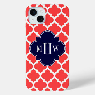 Coque iPhone 15 Mini Rouge Corail Blanc Marocain #5 Navy 3 Monogramme I
