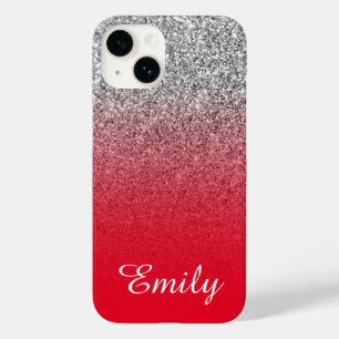 Coque Pour iPhone 14 Rouge et argent Paillettes Ombré Personnalisé