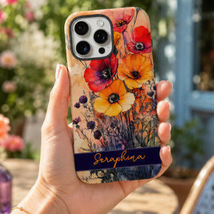 Coques iPhone 16 Pro Max Rouge et Jaune Coloré Fleur Sauvage Personnalisé