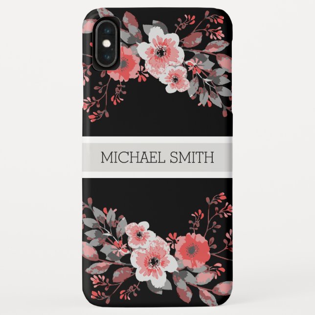 Coques Case-Mate iPhone Rouge Floral moderne Noir Nom élégant (Dos)