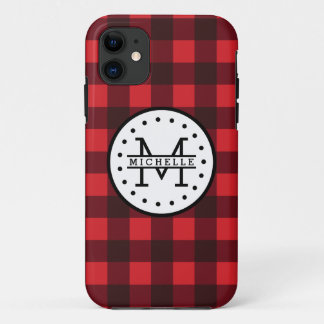 Coque iPhone 11 Rouge noir Buffalo Plaid Nom de la sériole Monogra