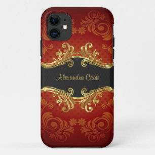 Coque iPhone 11 Rouge Noir Et Or Tons Vintage Fils-Monogramme