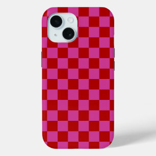 Coque Pour iPhone 15 Rouge + Pink Check À damiers Motif de tableau de b
