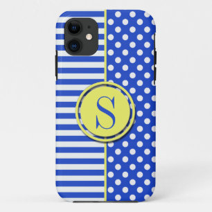 Coque iPhone 11 Royal Blue Pois et stries-Monogram STaylor