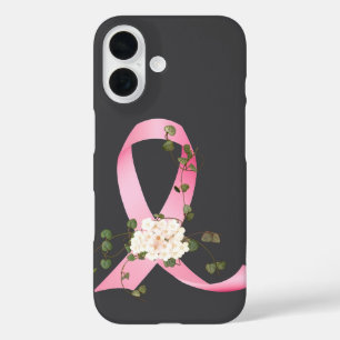 Coques iPhone 16 Ruban rose avec lierre sur gris