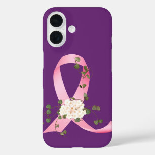 Coques iPhone 16 Ruban rose avec lierre sur violet